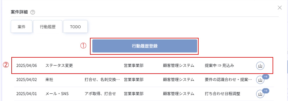 案件詳細画面の行動履歴タブ